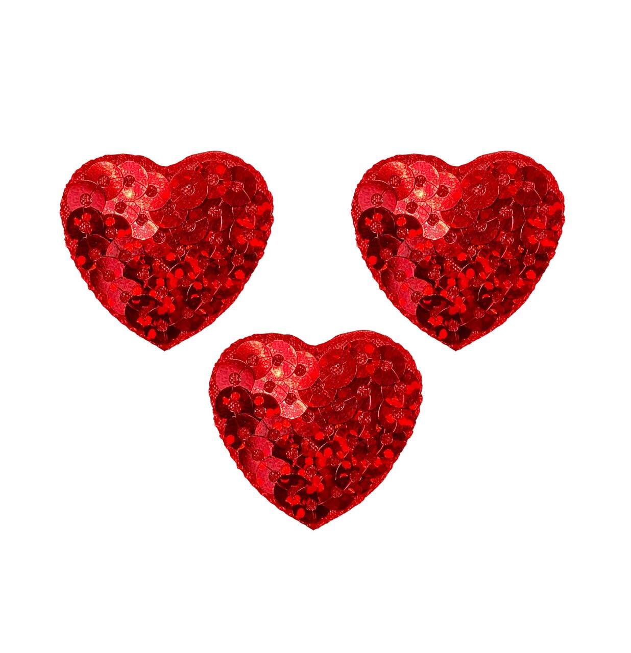 Set of 3, 1" Small Red Sequin Heart, Valentine, Embroidered, Iron on Patch